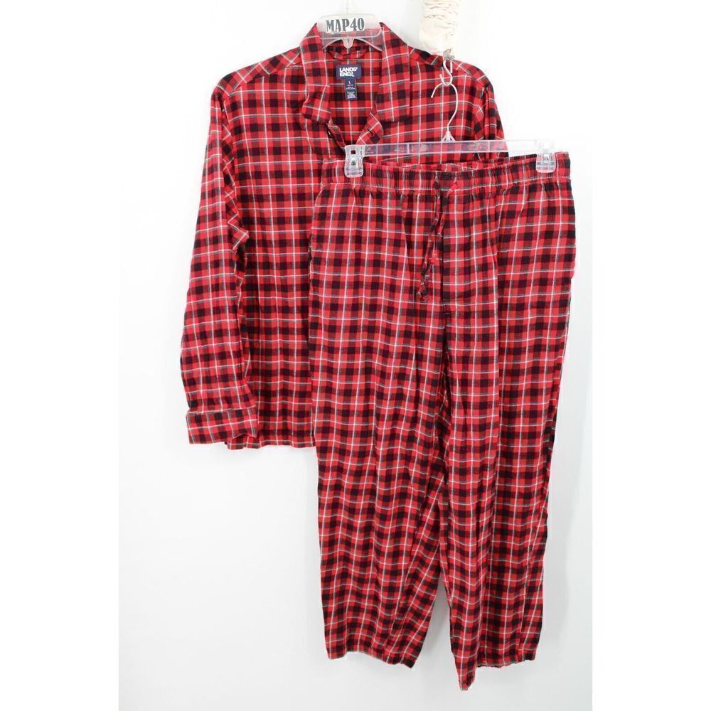 LAND'S END PAJAMAS RED PLAID TOP LARGE 42-44 PANTS L 36-38
